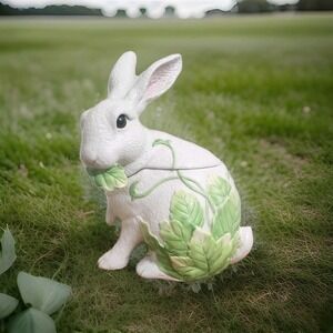 Fitz And‎ Floyd Classics White Rabbit Bunny Cookie Treat Jar Easter Green Leaves